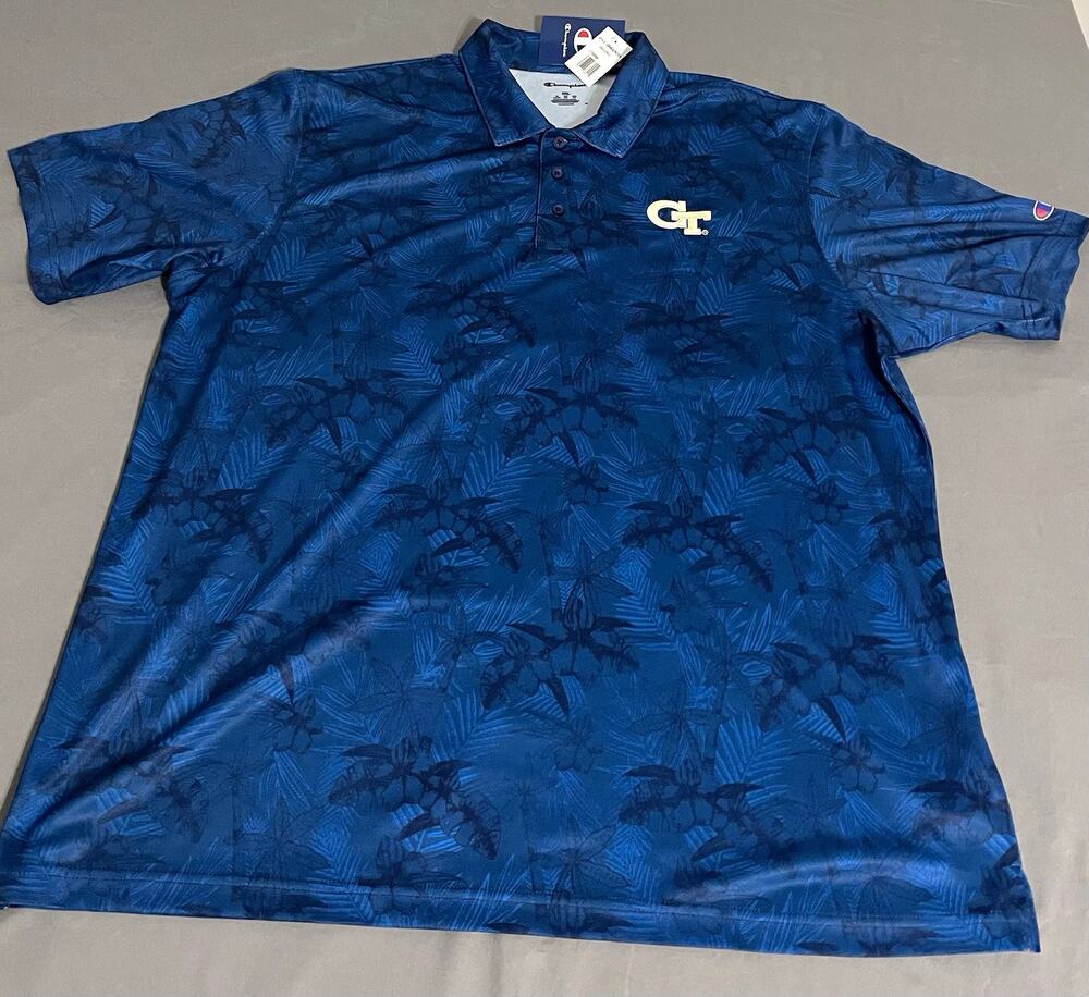 Champion Georgia Tech Yellow Jackets Navy Tropical Palm Polo Shirt Mens 2XL NWT